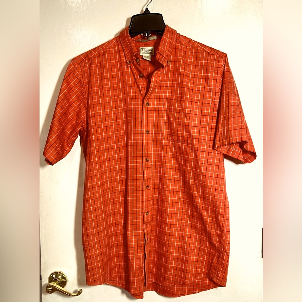 L.L. Bean EUC 100% Cotton M Tall Men SS Orange Blue Plaid Wrinkle Resist Shirt